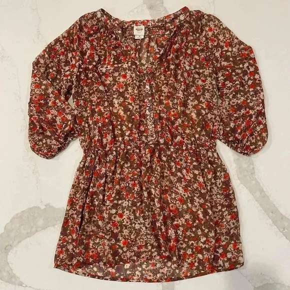 Mossimo Sheer Floral Peasant Top Women's XL Button Front Cinch Waist 3/4Sleeve - Picture 1 of 6